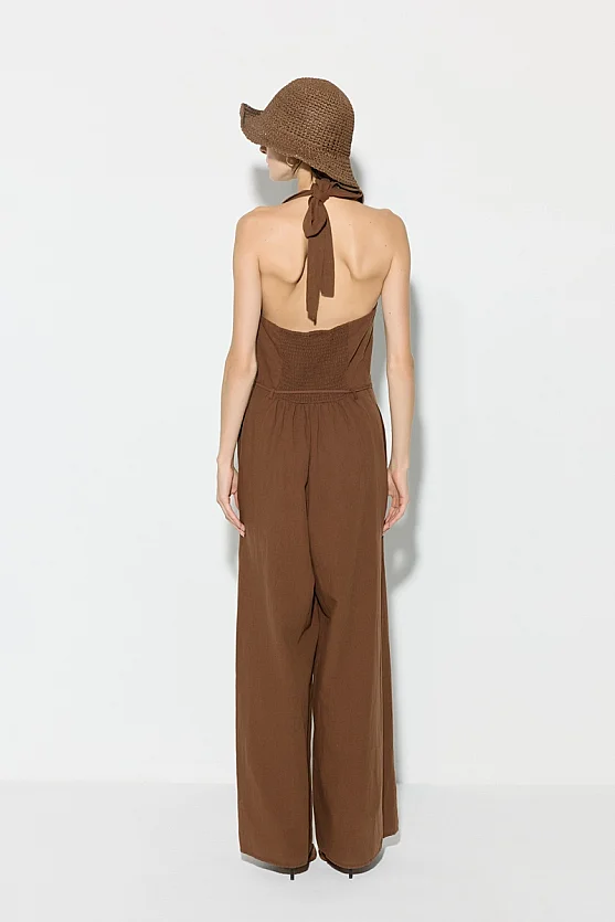 Halter Neck Cotton Linen Jumpsuit - Brown - 8