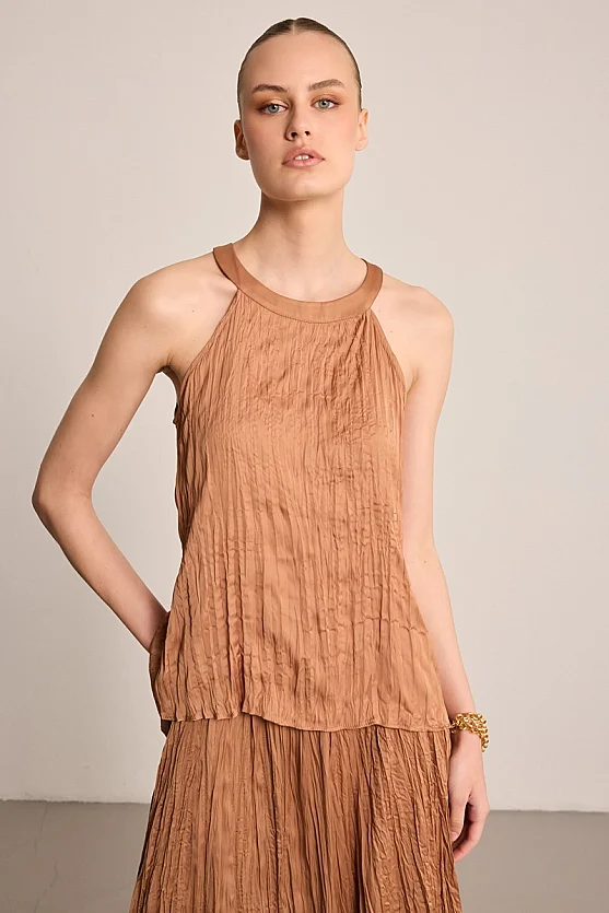 Halter Neck Crinkle Blouse - Brown - 1