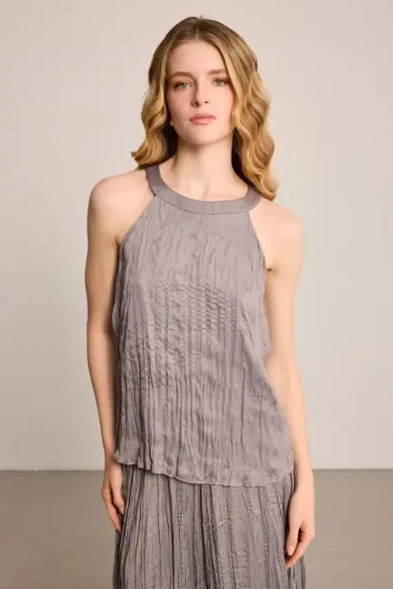 Halter Neck Crinkle Blouse - Gray - Gusto