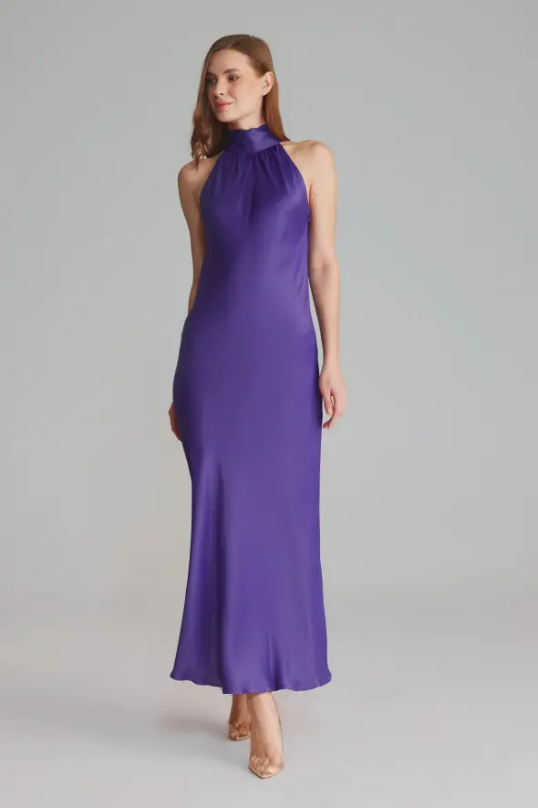 Halter Neck Evening Dress - Purple - 3