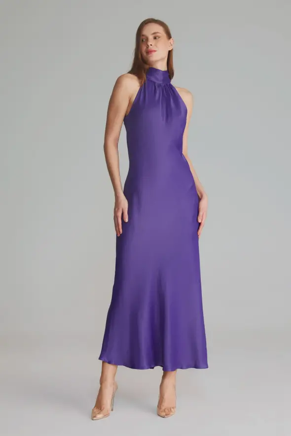 Halter Neck Evening Dress - Purple - 1