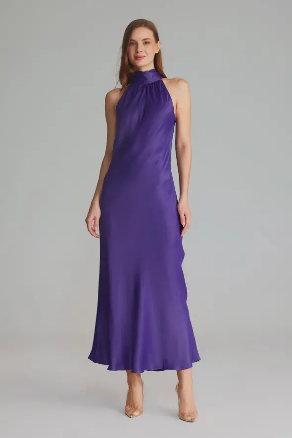Halter Neck Evening Dress - Purple - 2