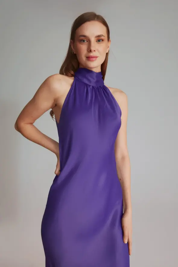 Halter Neck Evening Dress - Purple - 4