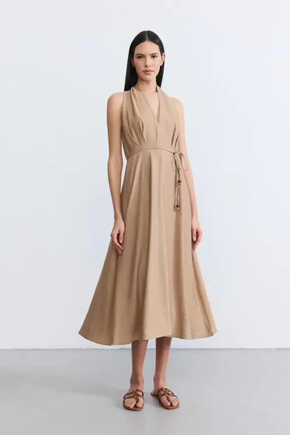 Halter Neck Flared Dress - Taupe - 2