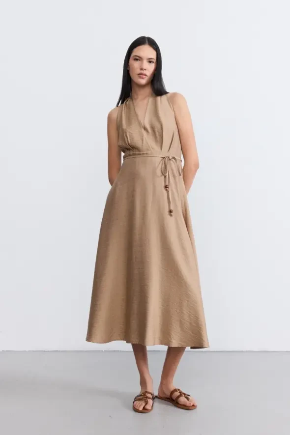 Halter Neck Flared Dress - Taupe - 3