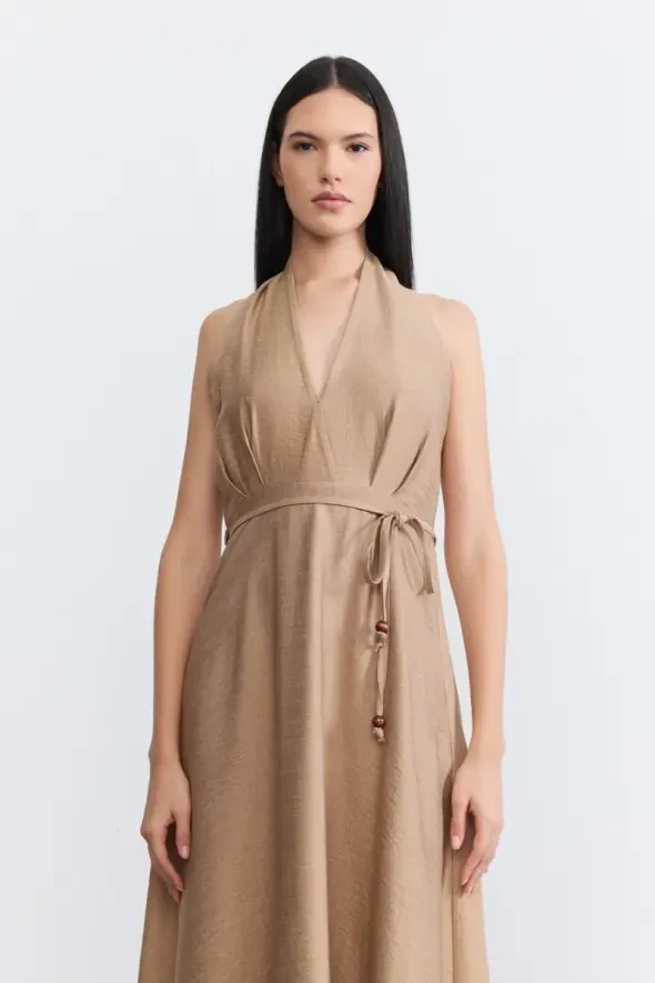 Halter Neck Flared Dress - Taupe - 4