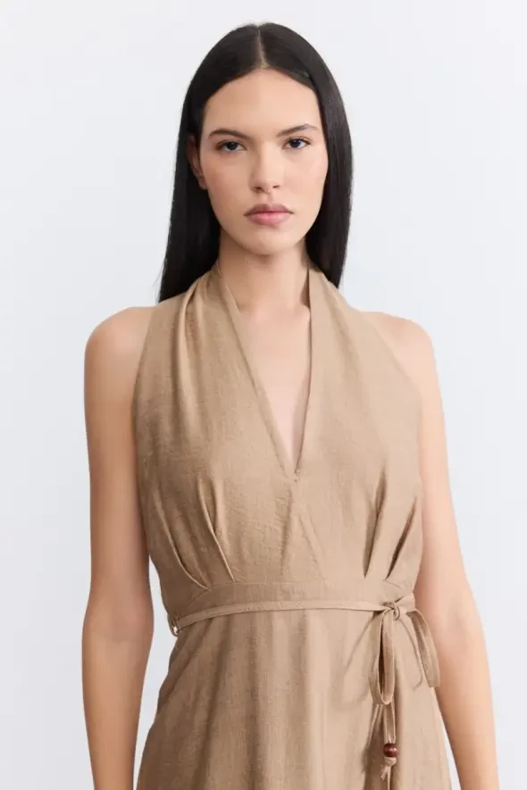 Halter Neck Flared Dress - Taupe - 5