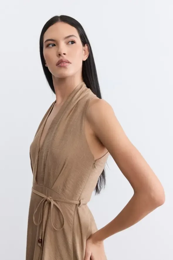 Halter Neck Flared Dress - Taupe - 6