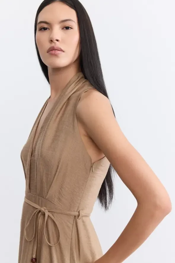 Halter Neck Flared Dress - Taupe - 7