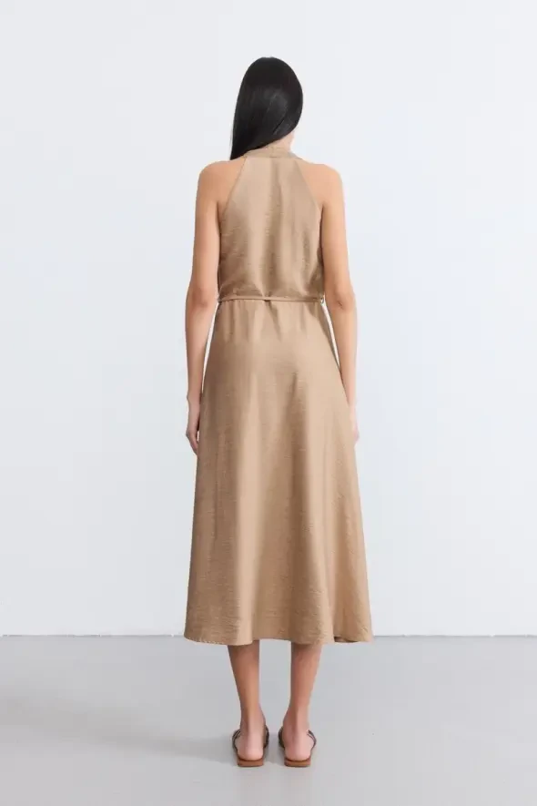 Halter Neck Flared Dress - Taupe - 9