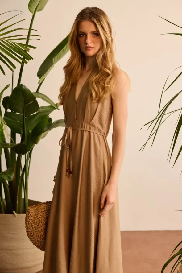 Halter Neck Flared Dress - Taupe - 1