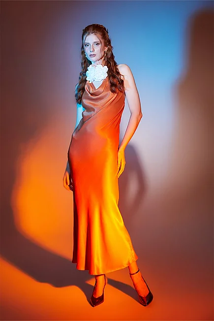 Halter Neck Long Evening Dress - Bronze - 4