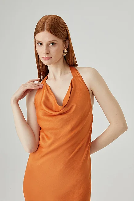 Halter Neck Long Evening Dress - Bronze - 5
