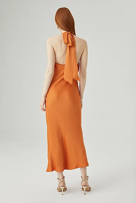 Halter Neck Long Evening Dress - Bronze - 8