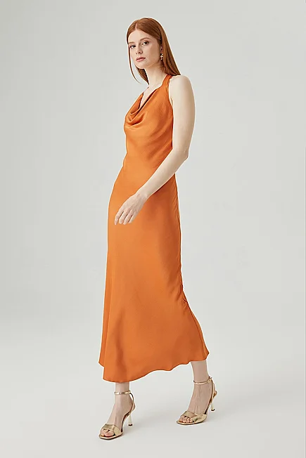 Halter Neck Long Evening Dress - Bronze - Gusto