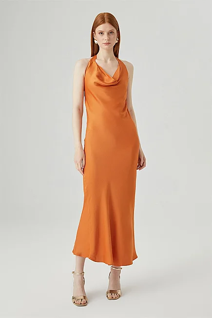 Halter Neck Long Evening Dress - Bronze - Gusto