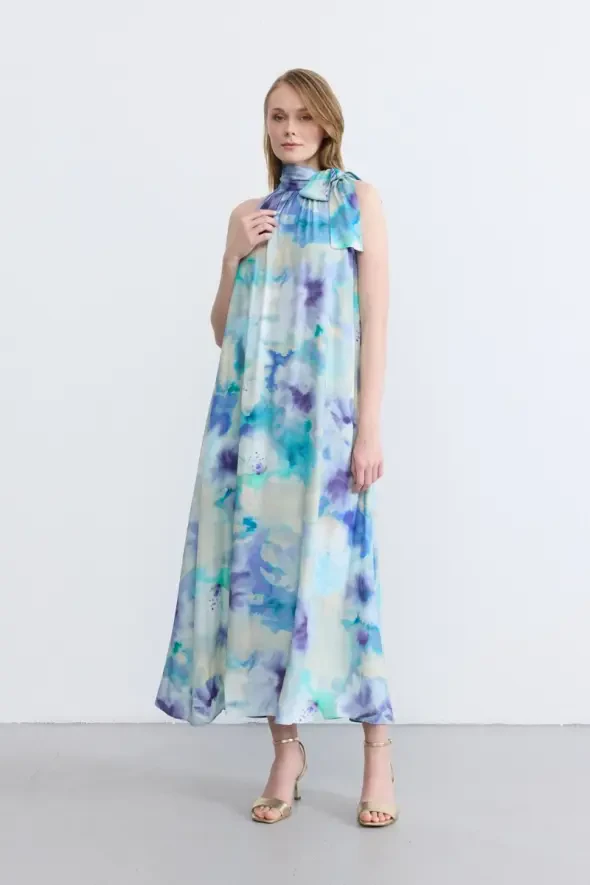 Halter Neck Long Satin Dress - Blue - 1