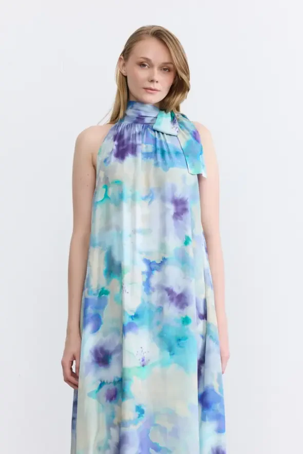 Halter Neck Long Satin Dress - Blue - 2