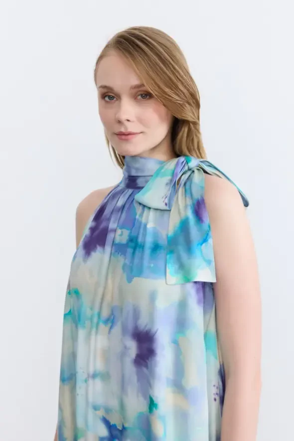 Halter Neck Long Satin Dress - Blue - 3