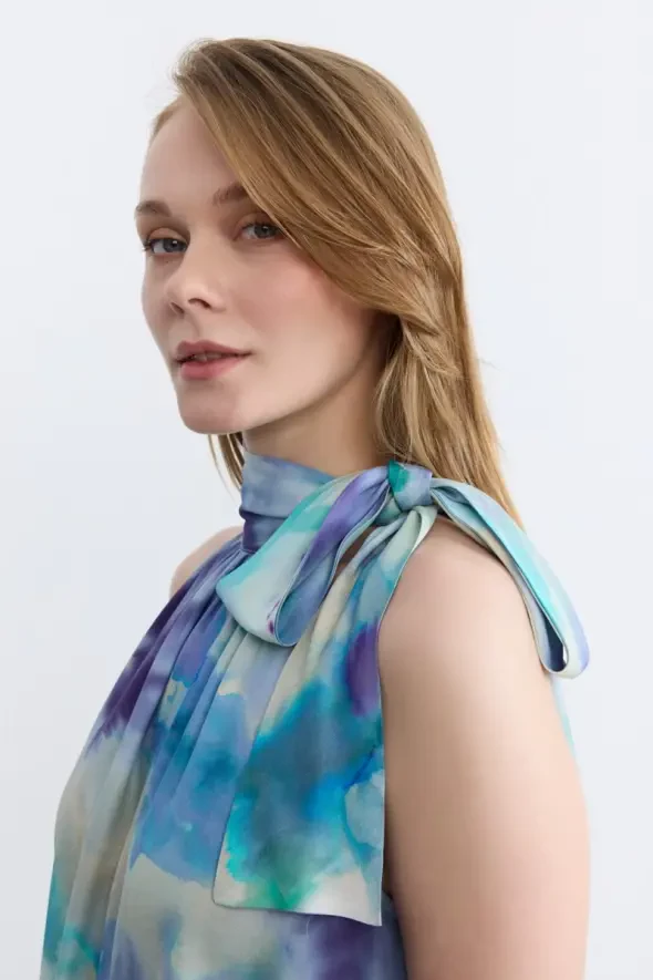 Halter Neck Long Satin Dress - Blue - 4