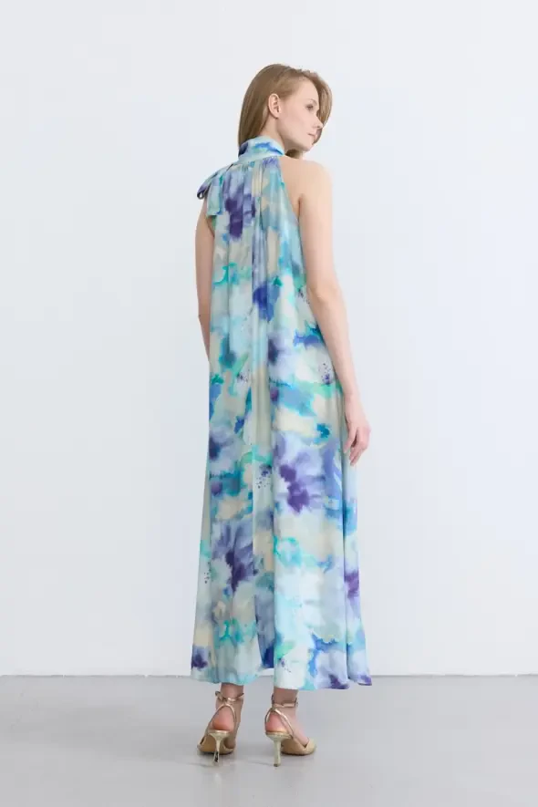 Halter Neck Long Satin Dress - Blue - 5