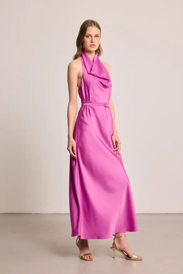 Halter Neck Long Satin Dress - Fuchsia - 4