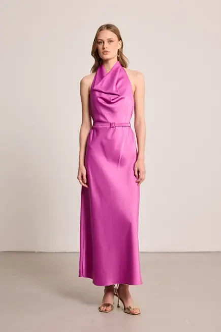 Halter Neck Long Satin Dress - Fuchsia Fuchsia