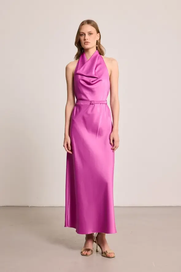Halter Neck Long Satin Dress - Fuchsia - 1