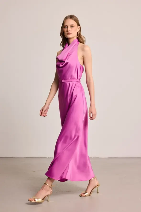 Halter Neck Long Satin Dress - Fuchsia - 2