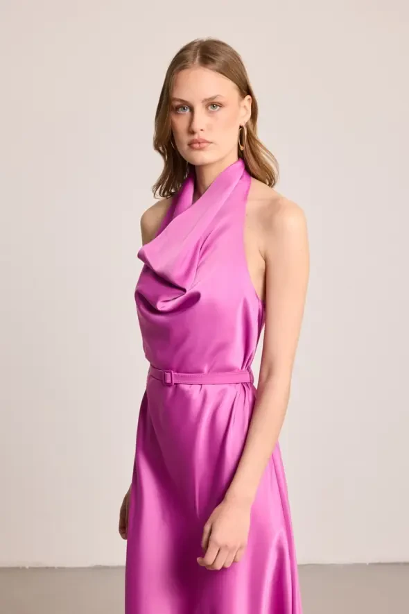 Halter Neck Long Satin Dress - Fuchsia - 5