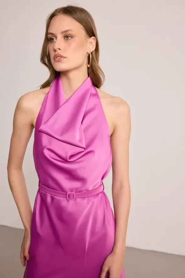 Halter Neck Long Satin Dress - Fuchsia - 6