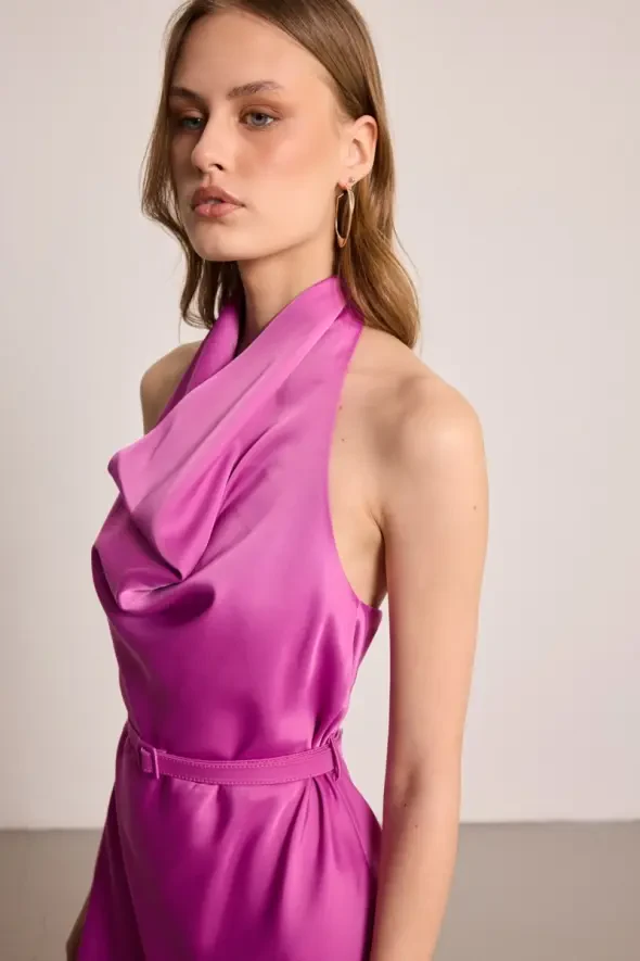 Halter Neck Long Satin Dress - Fuchsia - 7