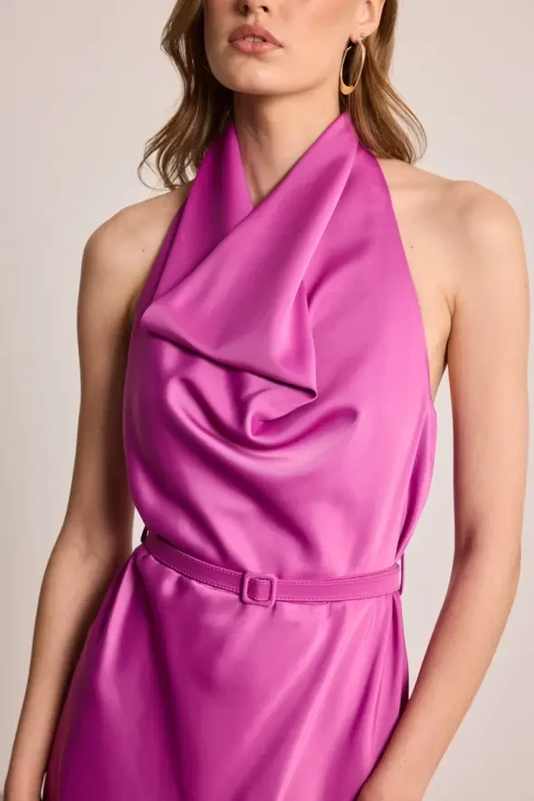 Halter Neck Long Satin Dress - Fuchsia - 8