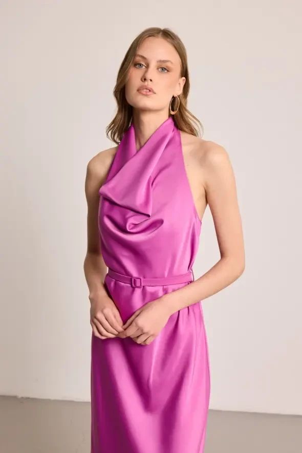 Halter Neck Long Satin Dress - Fuchsia - 3