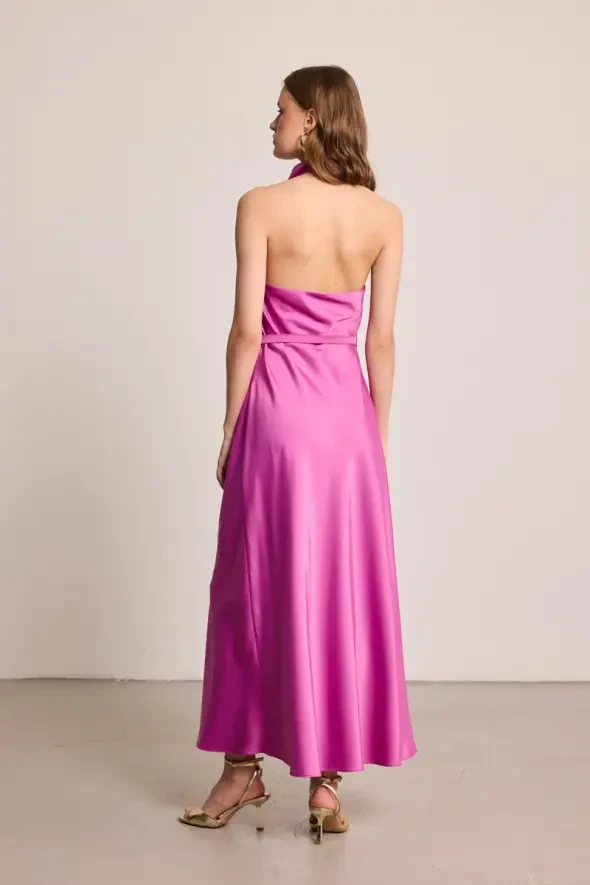 Halter Neck Long Satin Dress - Fuchsia - 9