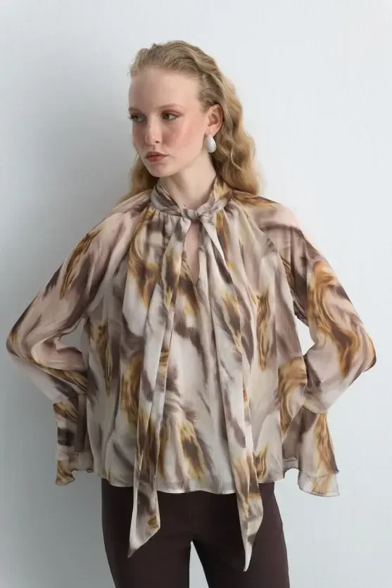 Halter Neck Patterned Chiffon Blouse - Beige - 2