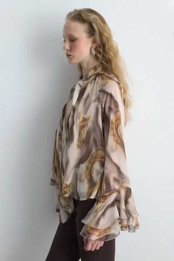 Halter Neck Patterned Chiffon Blouse - Beige - Gusto