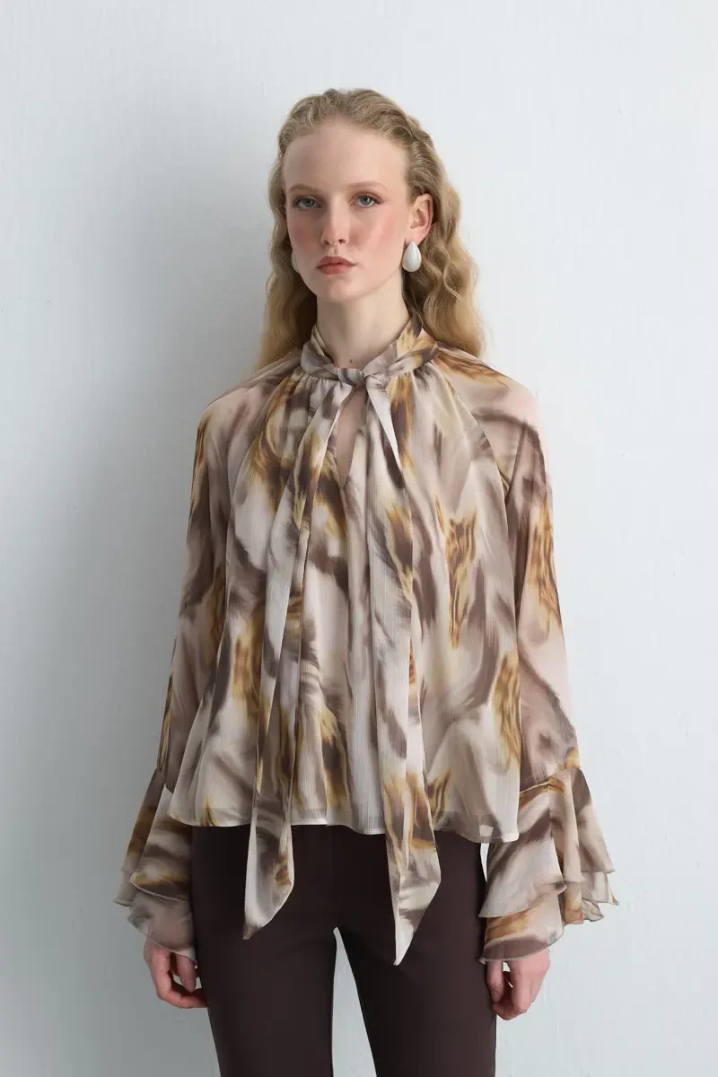 Halter Neck Patterned Chiffon Blouse - Beige - Gusto