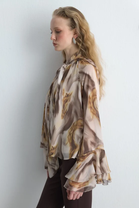 Halter Neck Patterned Chiffon Blouse Beige - Gusto