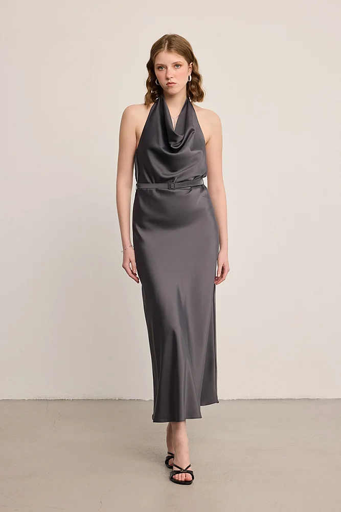 Halter Neck Satin Maxi Dress - Grey Gray