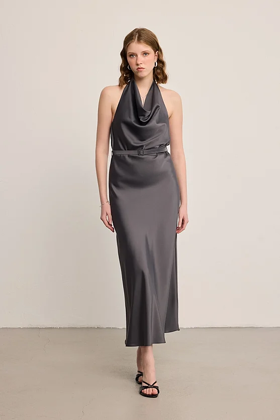 Halter Neck Satin Maxi Dress - Grey - Gusto