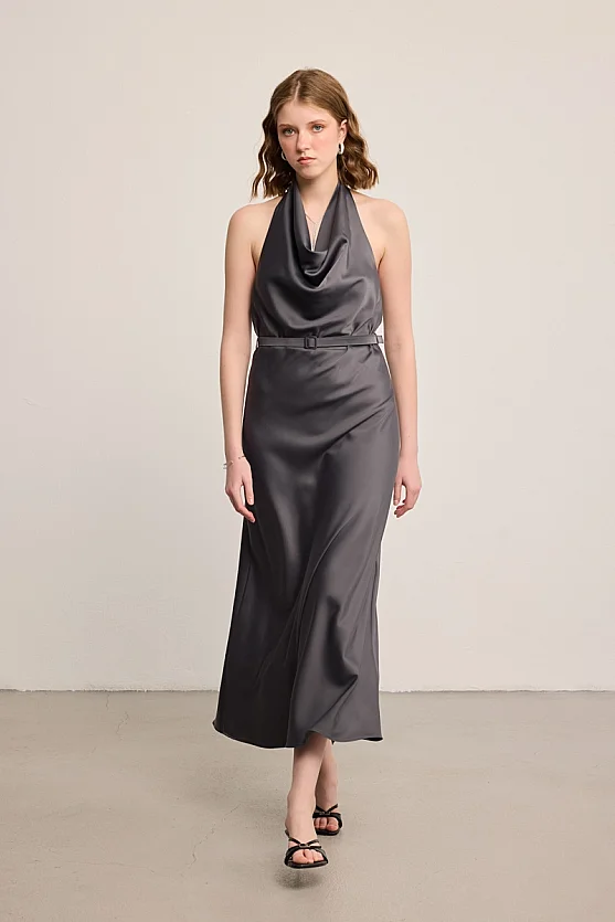 Halter Neck Satin Maxi Dress - Grey - Gusto