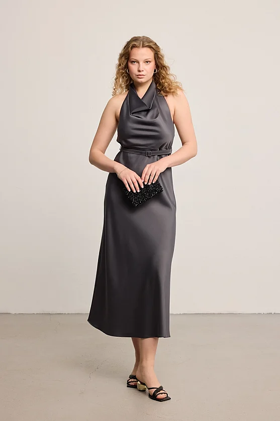 Halter Neck Satin Maxi Dress - Grey - Gusto