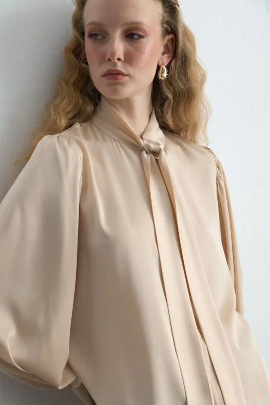 Halter Neck Satin Shirt - Beige - 4
