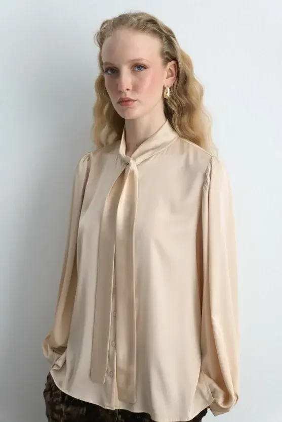 Halter Neck Satin Shirt - Beige - 3