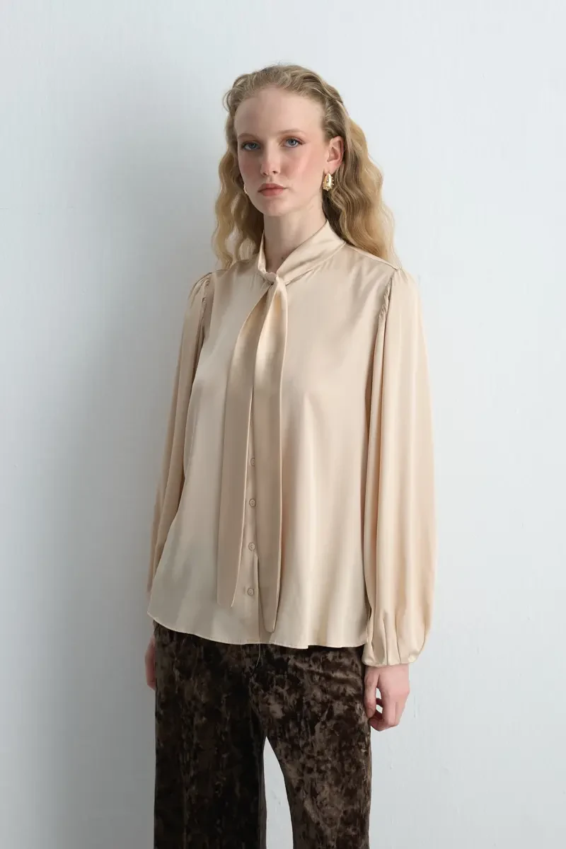 Halter Neck Satin Shirt - Beige