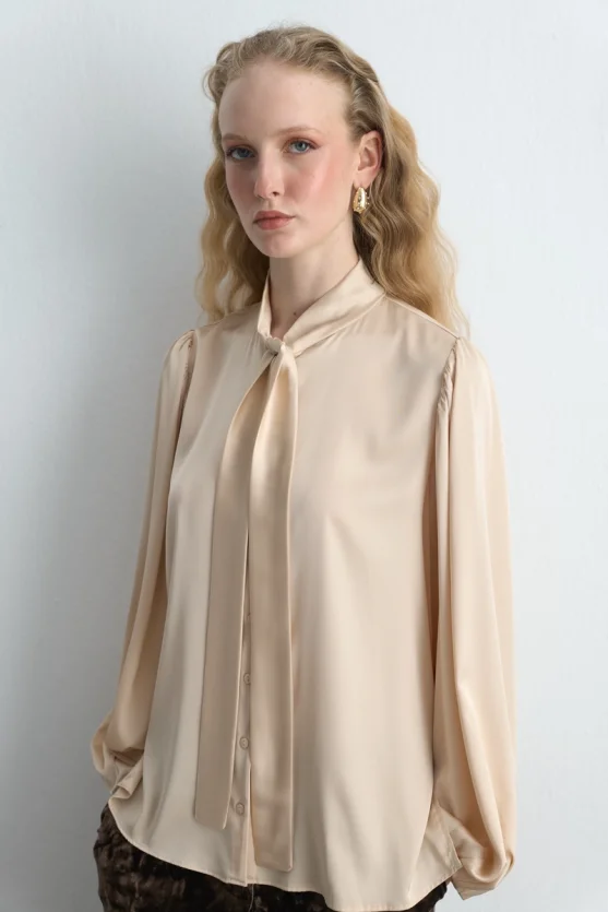 Halter Neck Satin Shirt Beige - Gusto