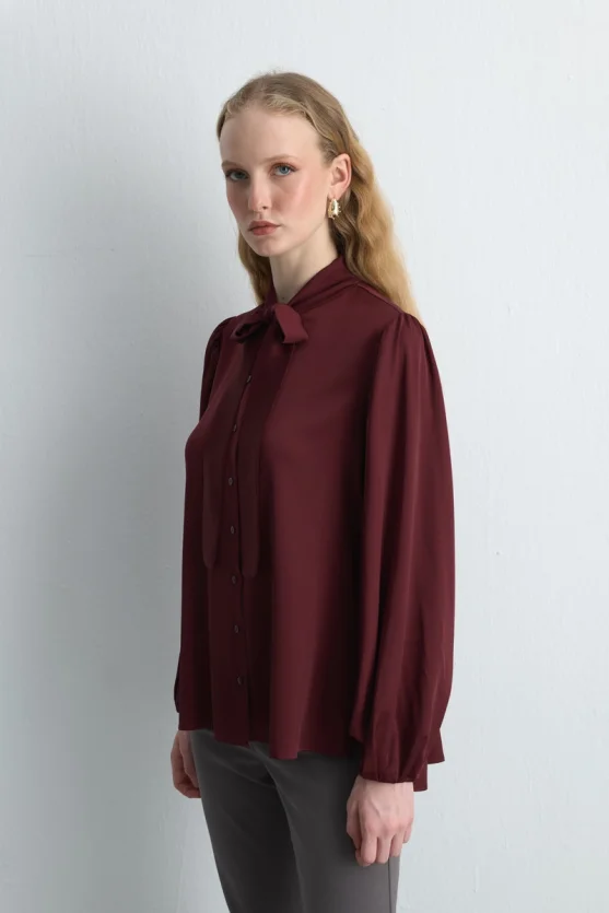 Halter Neck Satin Shirt - Burgundy - 3