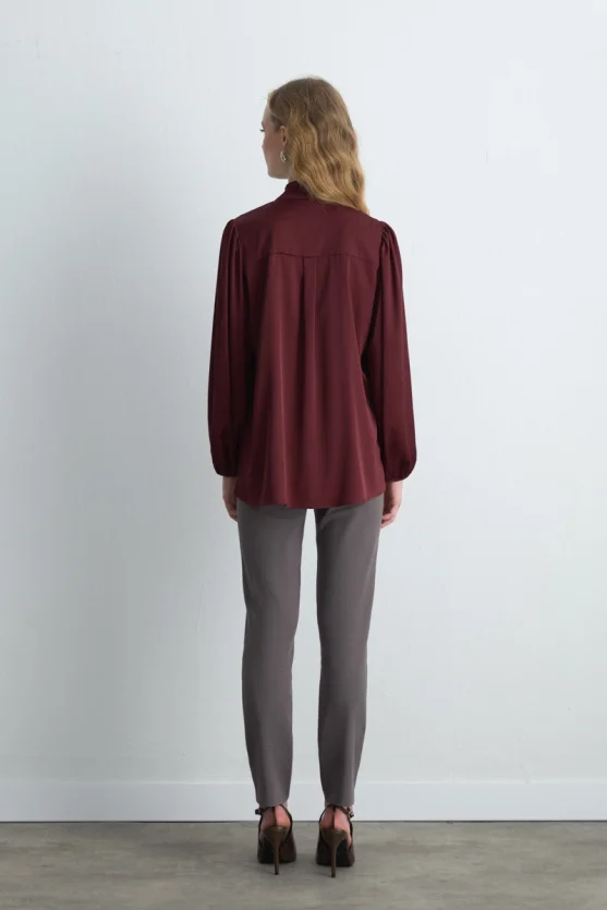 Halter Neck Satin Shirt - Burgundy - 7