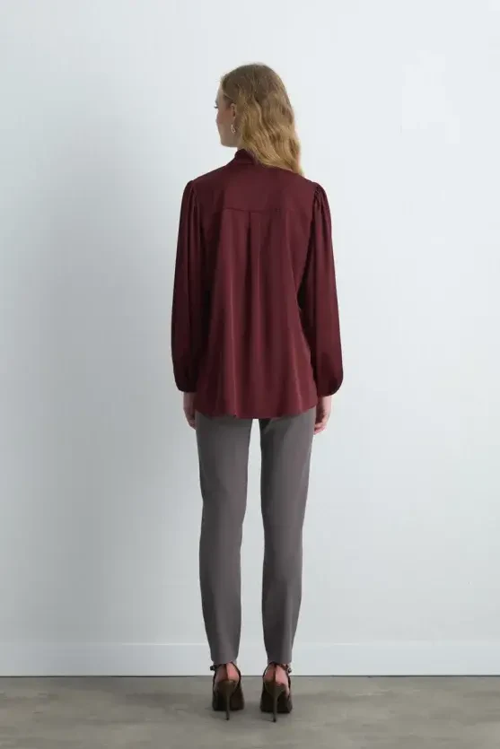 Halter Neck Satin Shirt - Burgundy - 7